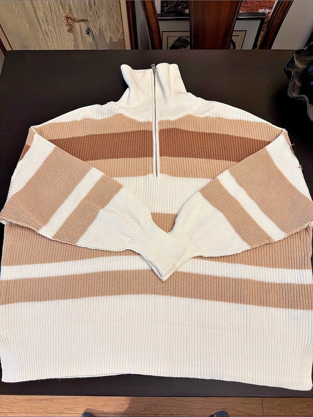 Aerie Beyond Quarter Zip Sweater Striped Cream & Brown Medium